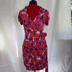 Diane Von Furstenberg CollaredShort Sleeved Floral Wrap Dress in Pink and Purple